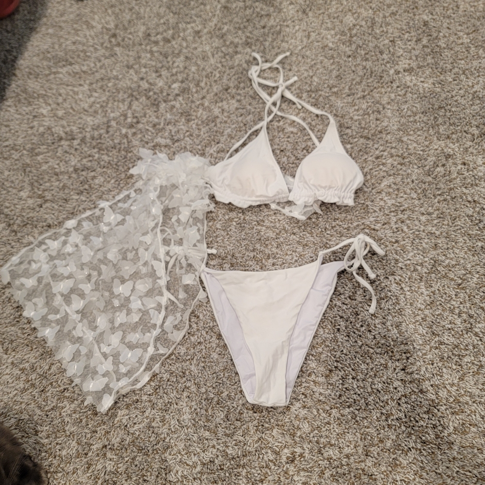 White Bikini Set with Sheer Cover-Up